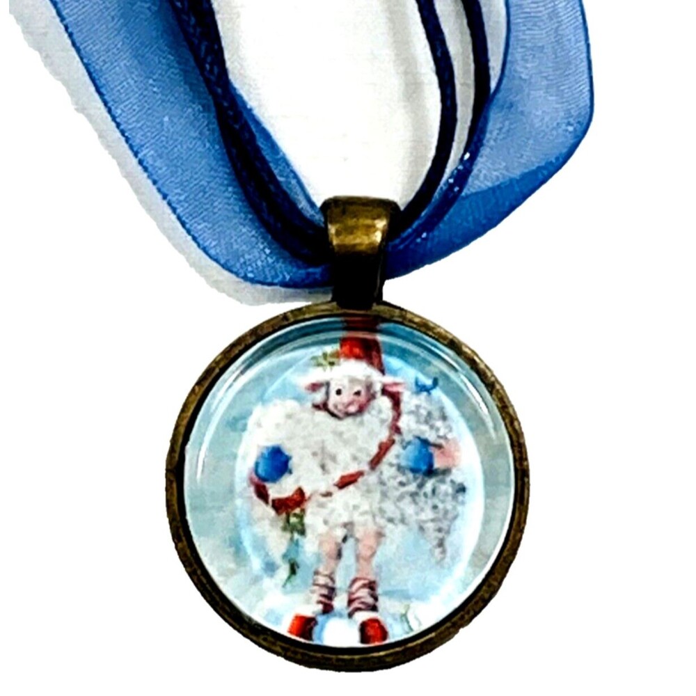 Sheep Art Pendant Necklace Fleece Navidad Wool Knitting Handcrafted Christmas